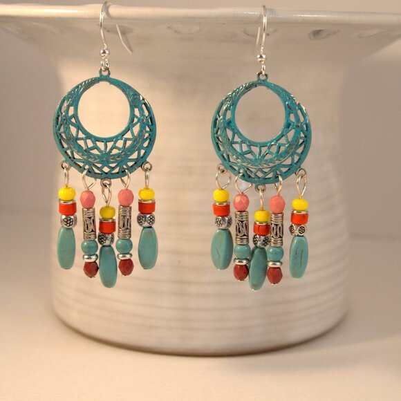 Handmade Southwestern Turquoise Chandelier Earrings Pierced or Clip-on Earrings - Picture 5 of 9